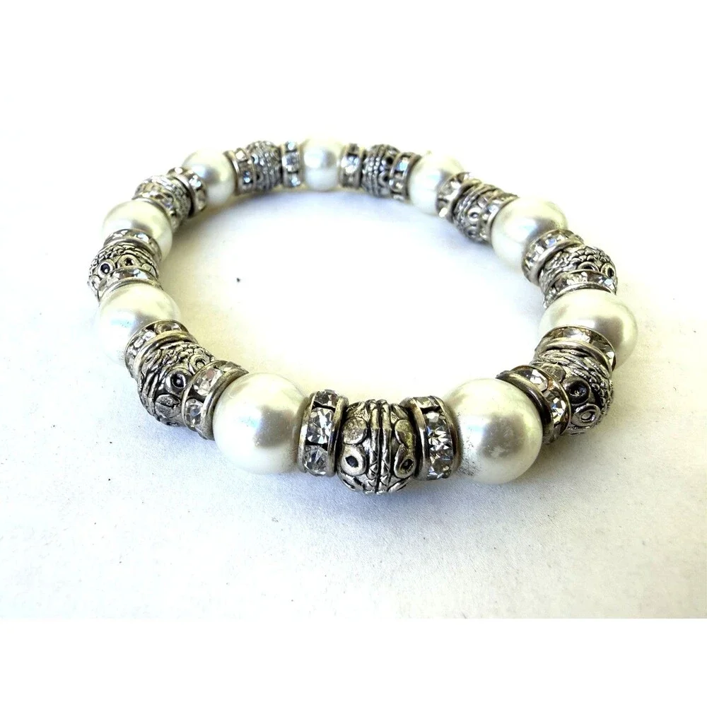 Vintage Faux Pearl Rhinestone Stretch Bracelet Silver Bali Bead Boho Chic